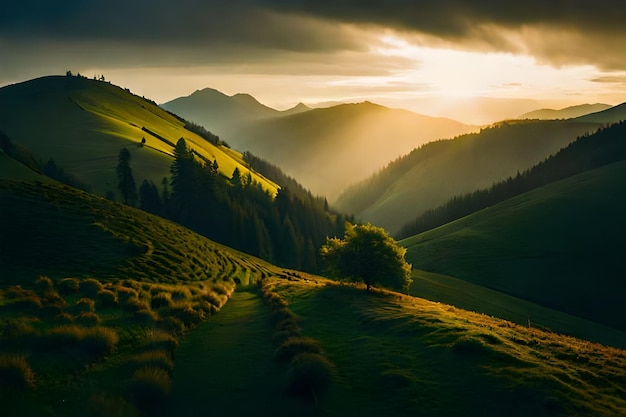 sunset on a green hill with a house in the background