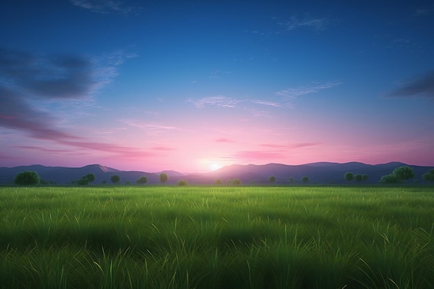 Sunset over green meadow with mountain background