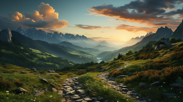 A sunset over a green mountain with a path leading to the horizon