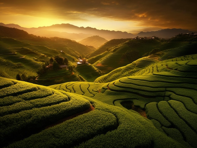 A sunset over a green rice field with a mountain in the background