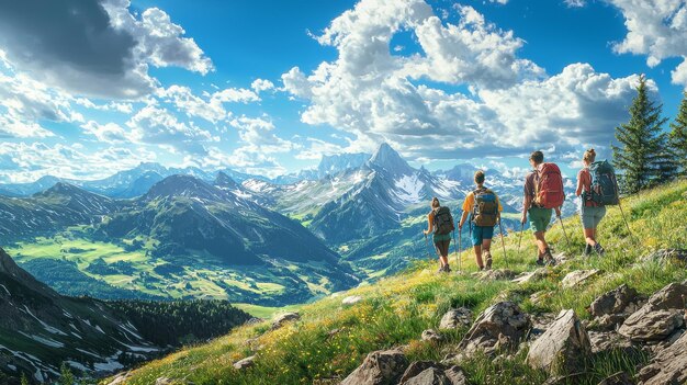 Photo at sunset a group of sporty people hikes in the mountains