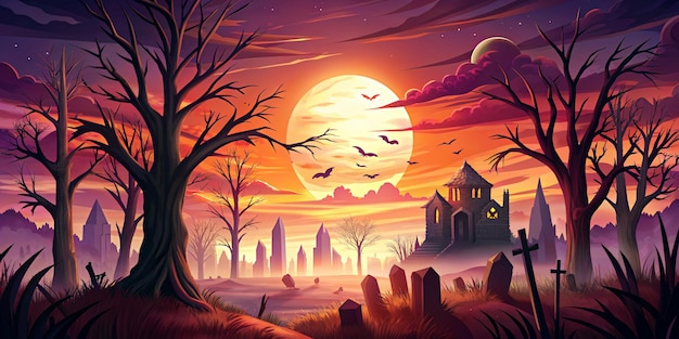 sunset In Halloween Background Flat style