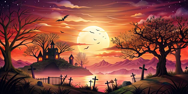 sunset In Halloween Background Flat style