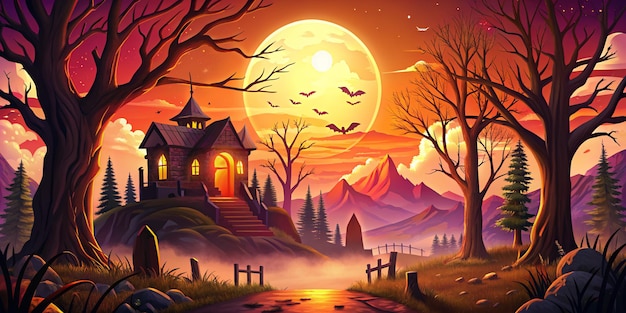 sunset In Halloween Background Flat style