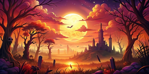 sunset In Halloween Background Flat style