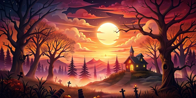 sunset In Halloween Background Flat style