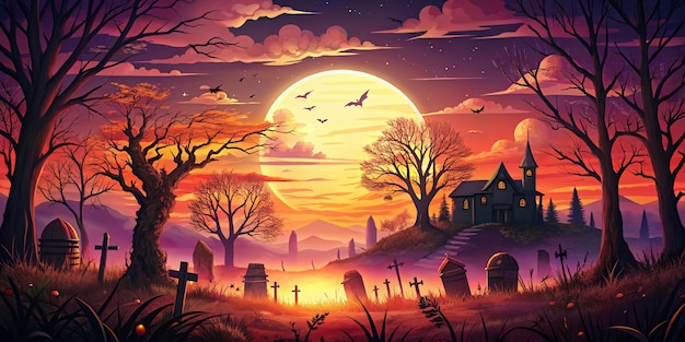 sunset In Halloween Background Flat style