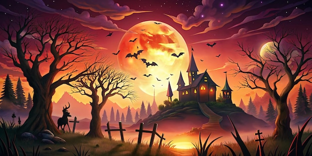 Photo sunset in halloween background flat style