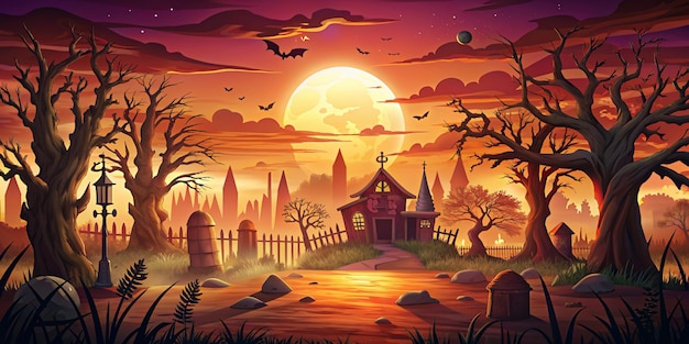 sunset In Halloween Background Flat style