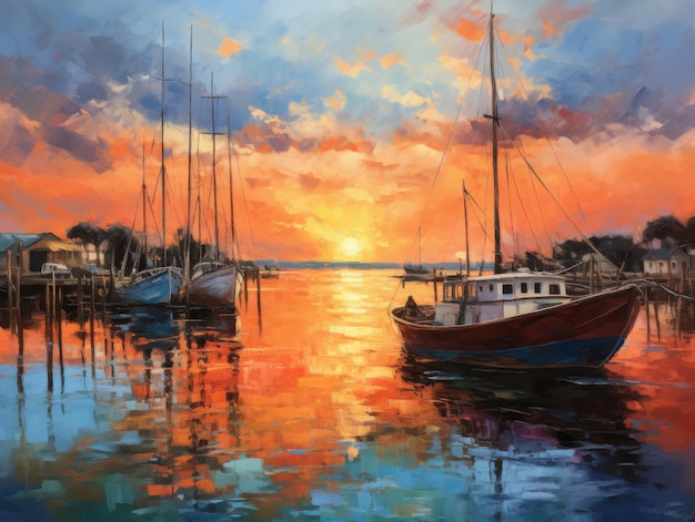 Sunset over a harbor with sailboats and vibrant sky