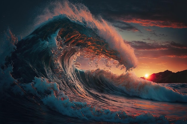 At sunset a harsh colorful ocean wave breaks