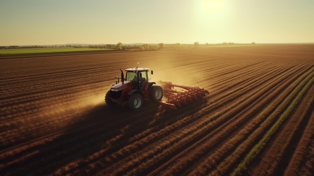 Sunset Harvest Aerial View of Modern Tractor Plowing Fields Showcasing Advanced Farming TechnologyxA