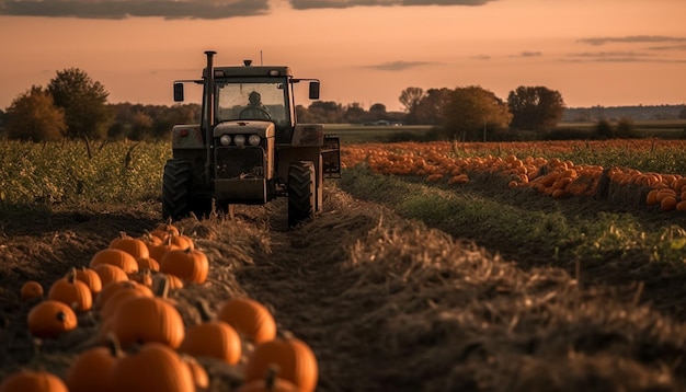 Sunset harvest farmer works outdoors with agricultural machinery on farm land generated by AI