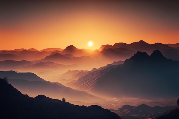 At sunset hazy mountains in a mystery landscape are illuminated by gentle light