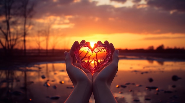 Sunset in heart hands