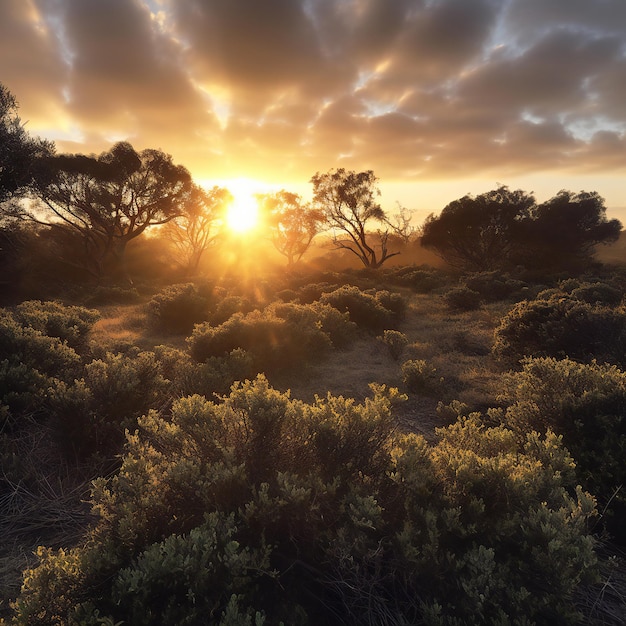 Sunset over the heathland in the Australian outback