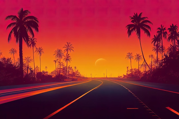 Sunset highway road with palm trees illustration