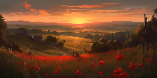 The Sunset Hills Field A Poppy Landscape in Red Orange and Yellow