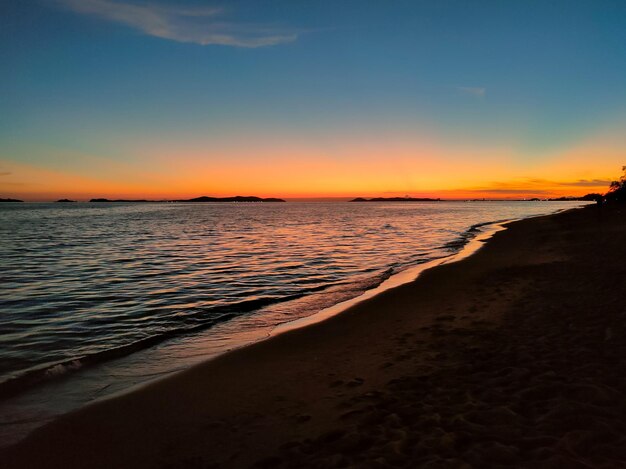 Sunset on the horizon at the beautiful sandy beach at the sea of Thailand