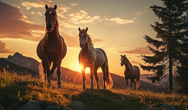 sunset horses stand on a hill in the middle of forest