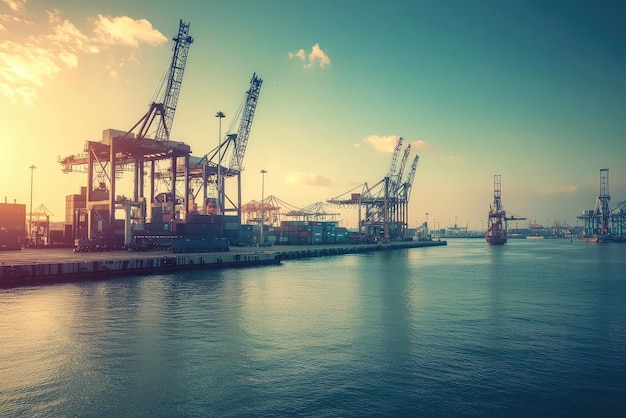 Sunset Hues Over Busy Port Cranes Cargo Ships Dance Against a Vibrant Sky