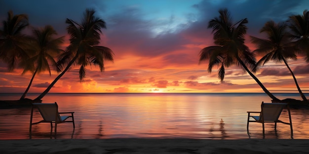 Sunset hurricane scene with palm trees and boats on the shore Concept Tropical Storm Sunset Palm Trees Boats Beach Scene