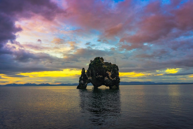 Sunset at the Hvitserkur basalt stack in northern Iceland