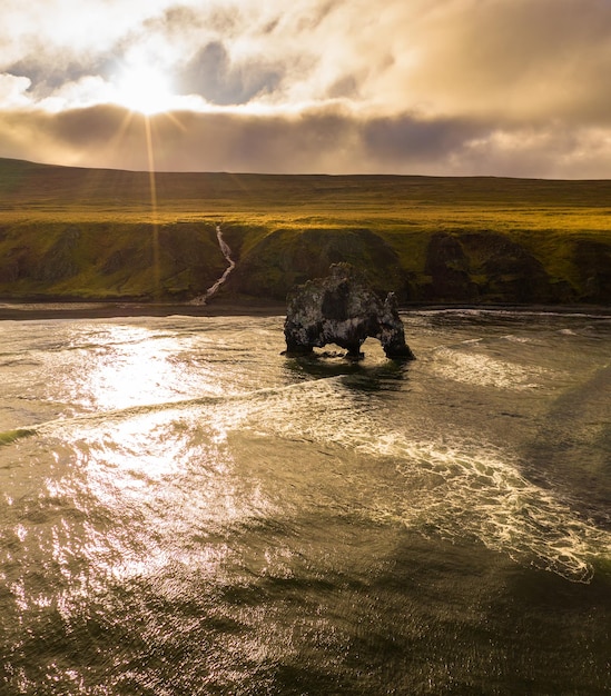 Sunset at the Hvitserkur basalt stack in northern Iceland