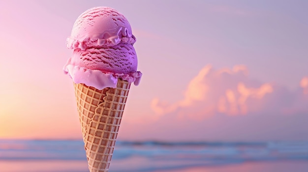 Sunset Ice Cream Cone on Beach Background