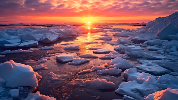 Sunset and ice on the sea or climate change Generative AI