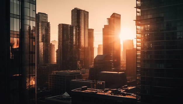 Sunset illuminates modern Beijing skyline steel skyscrapers reflect generated by AI