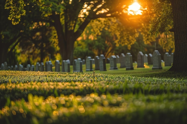 Sunset illuminates a peaceful cemetery casting a warm glow over the headstones