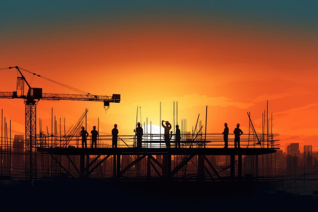 Sunset Illuminates Silhouette Construction Site Symbolizing Growth and Change Embrace the spirit of aspiration and evolution as the sun sets behind a silhouette construction site