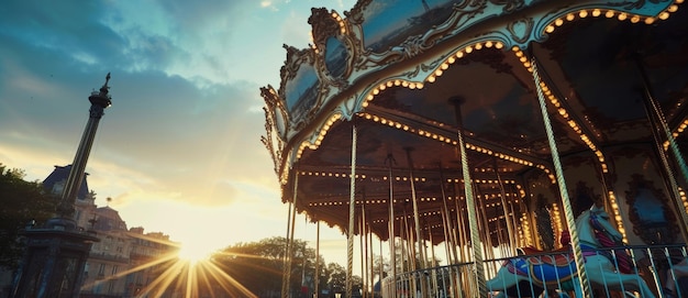 Sunset illuminates a vintage carousel in a Parisian square a magical end to the day