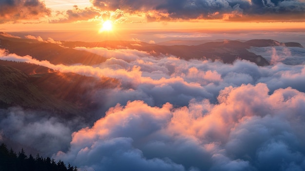 Sunset Illuminating Clouds Over Mountain Landscape