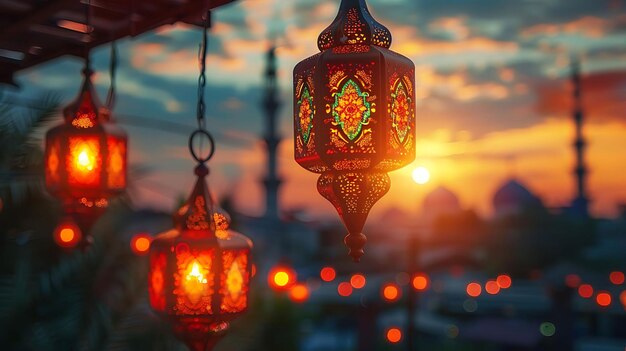 sunset illumination of ramadan lanterns illuminate the sky with a red lantern standing out in the foreground