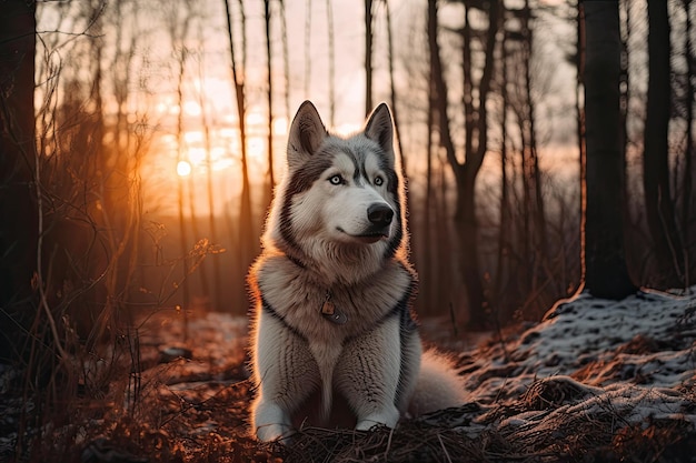 Sunset image of a gorgeous free and proud Husky dog seated in a winter woodland