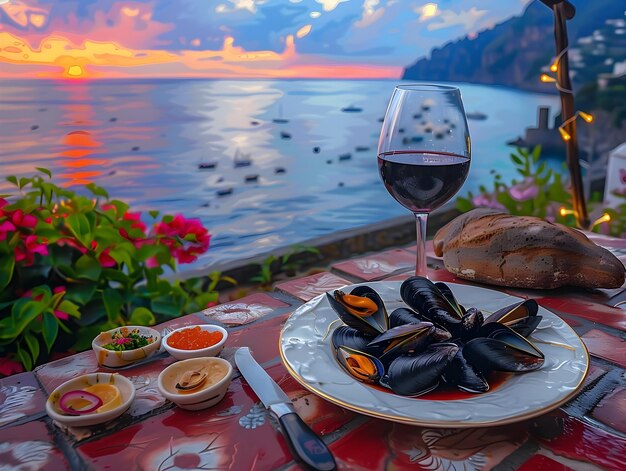 Photo sunset indulgence on the amalfi coast a seaside bistro s serene patio with panoramic ocean views and gourmet seafood delicacies