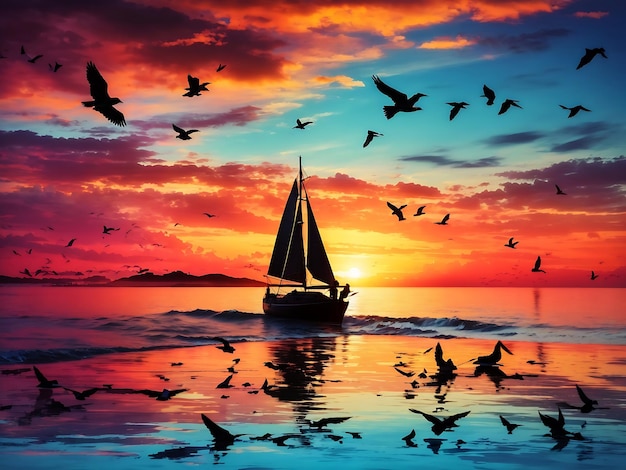 Sunset Inspirational Sailboat Beach Surreal Beautiful Ethereal Nature ai generated