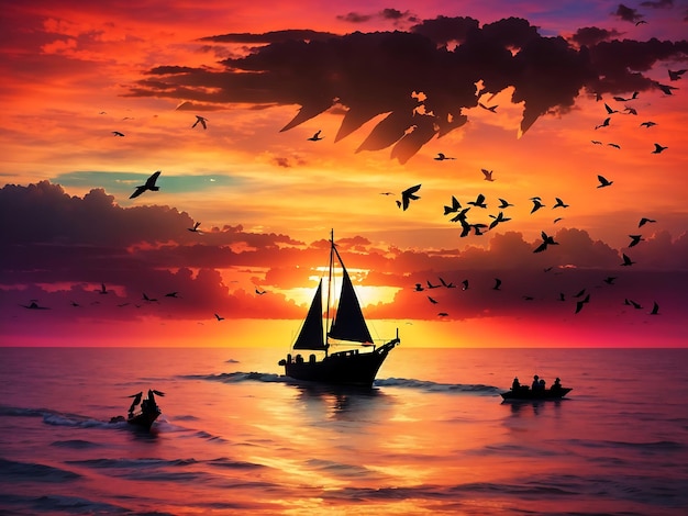 Sunset Inspirational Sailboat Beach Surreal Beautiful Ethereal Nature ai generated