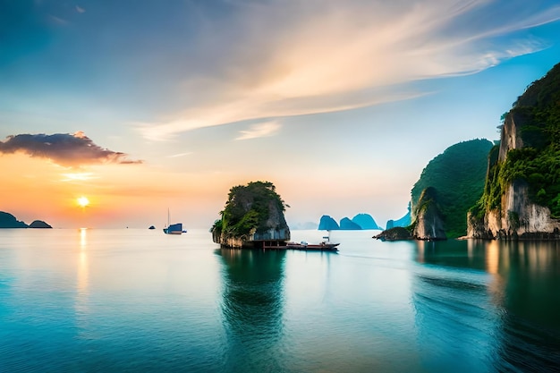 a sunset is over the ocean and the island is surrounded by a mountain