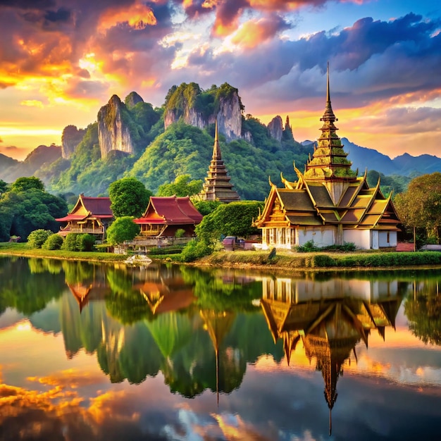 a sunset is reflected on a lake with a mountain in the background