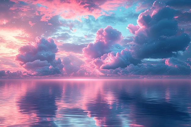 a sunset is reflected on the water and the clouds are pink and blue