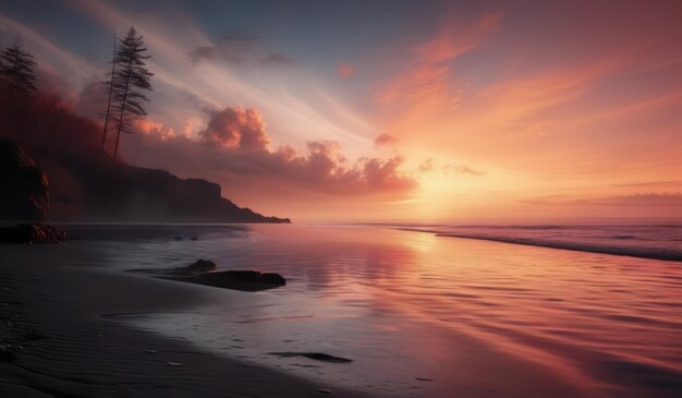 a sunset is reflected on the water and the sky is pink and orange