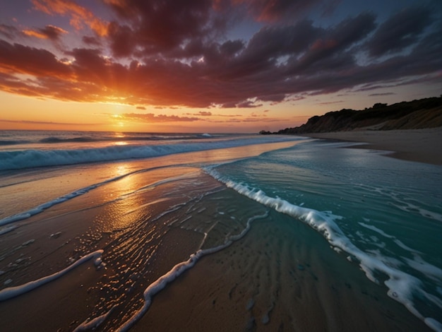 a sunset is reflected on the water and the sun is setting