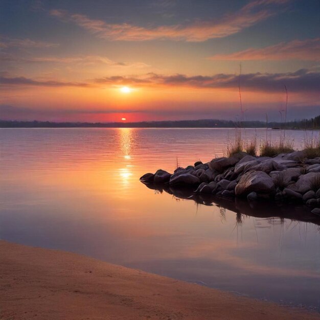 Photo a sunset is reflected on the water and the sun is setting