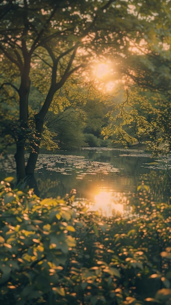 a sunset is reflected in the water with the sun shining through the trees