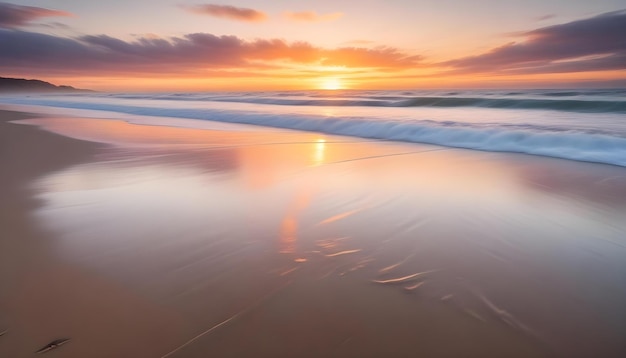 Photo a sunset is reflected on the wet sand