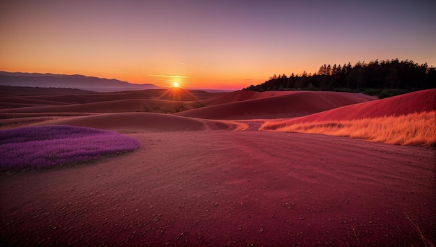 a sunset is shown in the middle of a desert