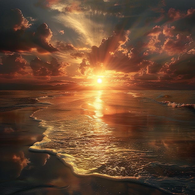 a sunset is shown on the ocean with the sun shining through the clouds